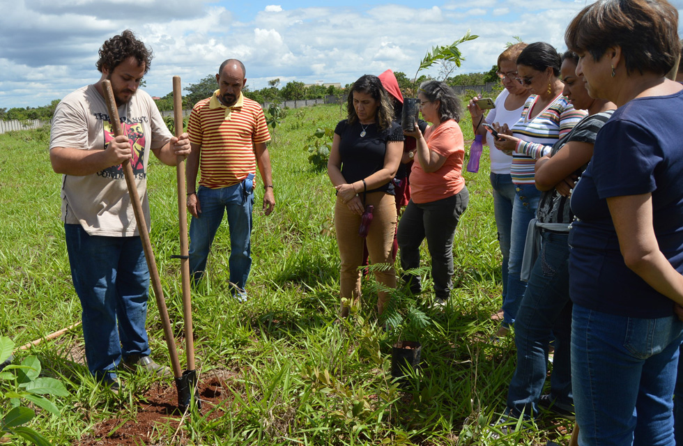 Participantes do curso observam o tecnólogo Carlos no uso da cavadeira